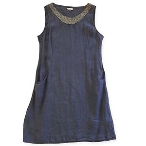 Lina Tomei Small Linen Blue Sleeveless Dress Embellished Neckline Made in Italy